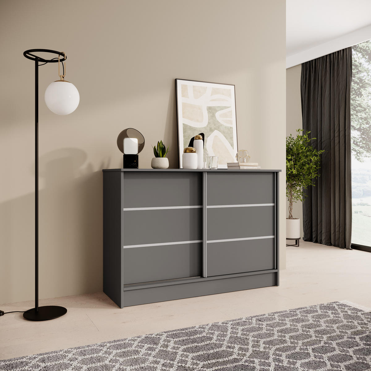 KOMMODE Mirela mit 2 Schiebetüren 120 cm, Graphit - Graphitfarben, Holzwerkstoff (121/85/43.5cm) - Beautysofa