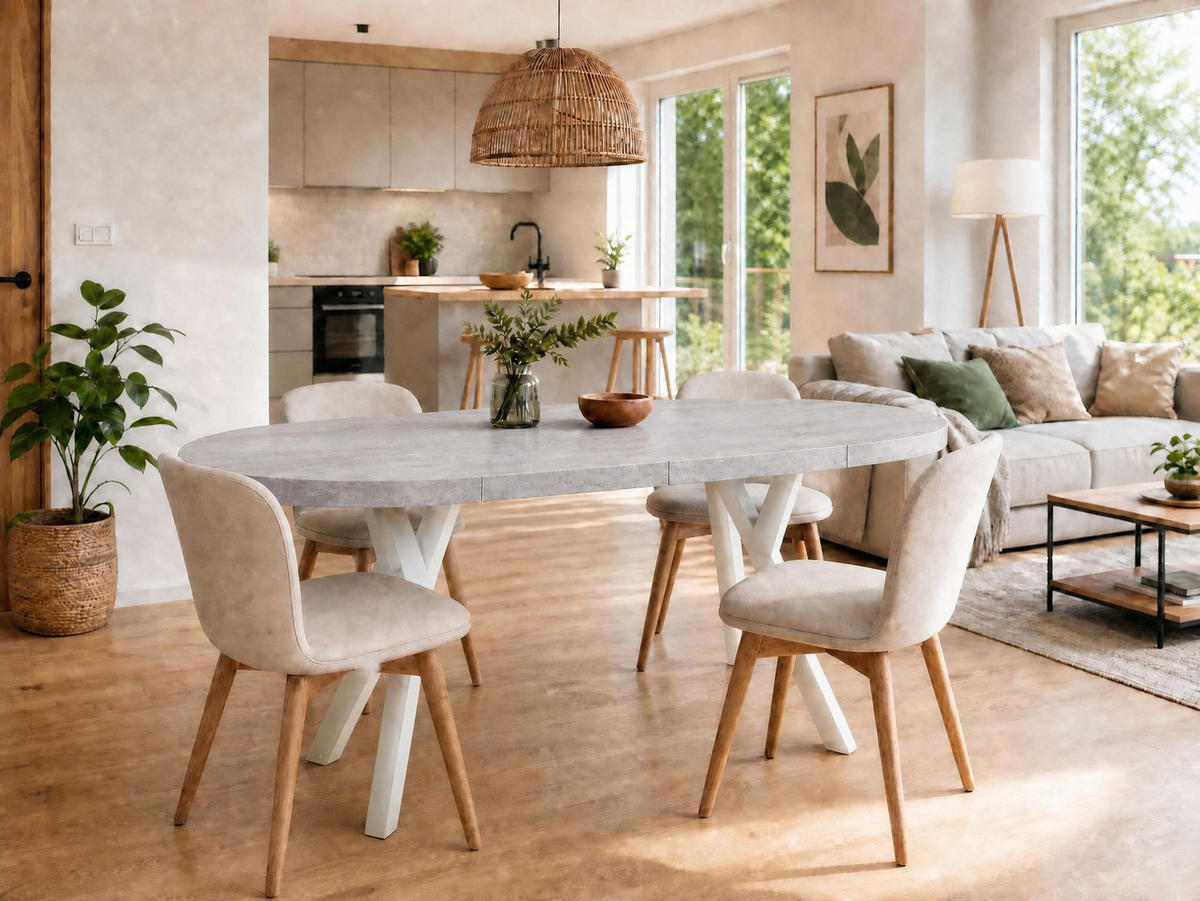 ESSTISCH ausziehbar rund ATO, 100-140 cm, Dekor Beton, weiße Holzbeine - Weiß/Grau, Holzwerkstoff/Buchenholz (100/100/77cm) - VENASI MÖBEL