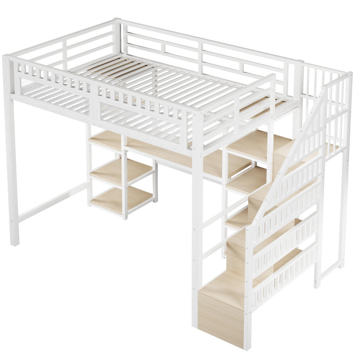 HOCHBETT 140/200 cm mit Schreibtisch, LED-Lichtleiste, USB-Anschluss, Stauraumleiter und Ablagen, Metall/MDF, Weiß - Weiß, Metall (140/200cm) - Redom
