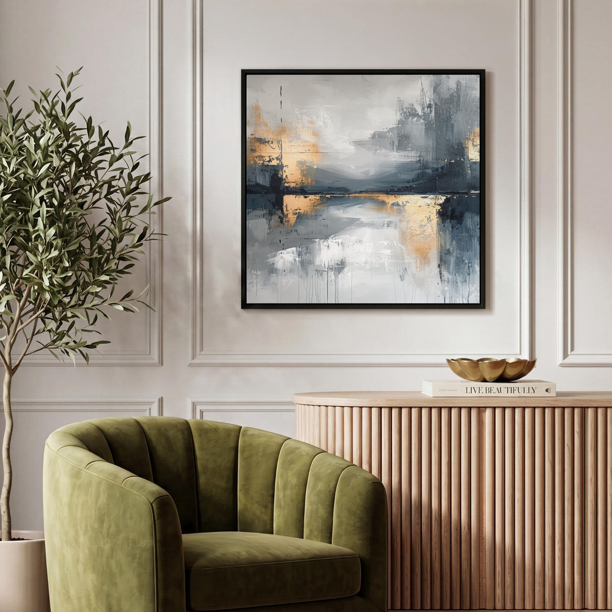 LEINWAND Bilder mit Rahmen - Kunst - Grau - Gold - Abstrakt - 50x50 - Dunkelgrau, Textil (50/50cm) - MuchoWow