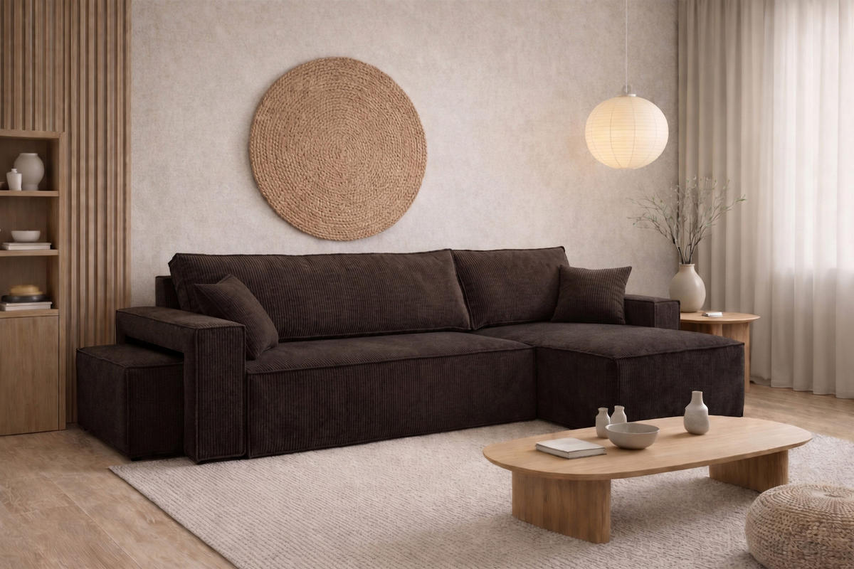 ECKSOFA Mit Schlaffunktion Und Pouf, Cordstoff Poso, Braun, Rechts, Best L Mit Pouf - Braun, Holz (244/145cm) - Kaiser Möbel