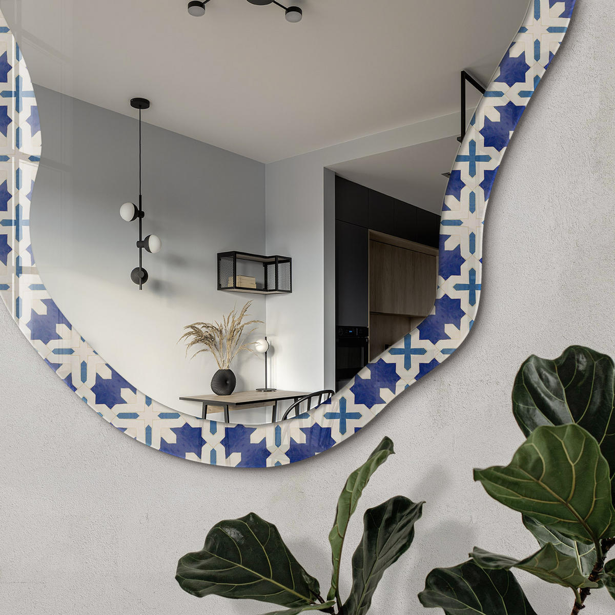 SPIEGEL 90x45 cm asymmetrisch mit Druck - Cremefarbenes Mosaik - Transparent, Glas (45/90/0.4cm) - TULUP
