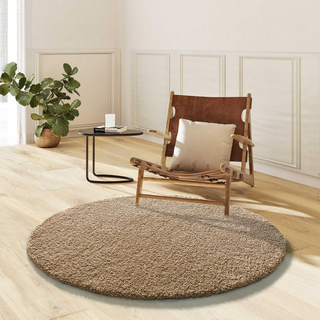 Thumbnail - Atticgo Hochflorteppich, Hellbraun, Textil, Uni, Rund, 130x130 cm, Oeko-Tex® Standard 100, für Fußbodenheizung geeignet,...