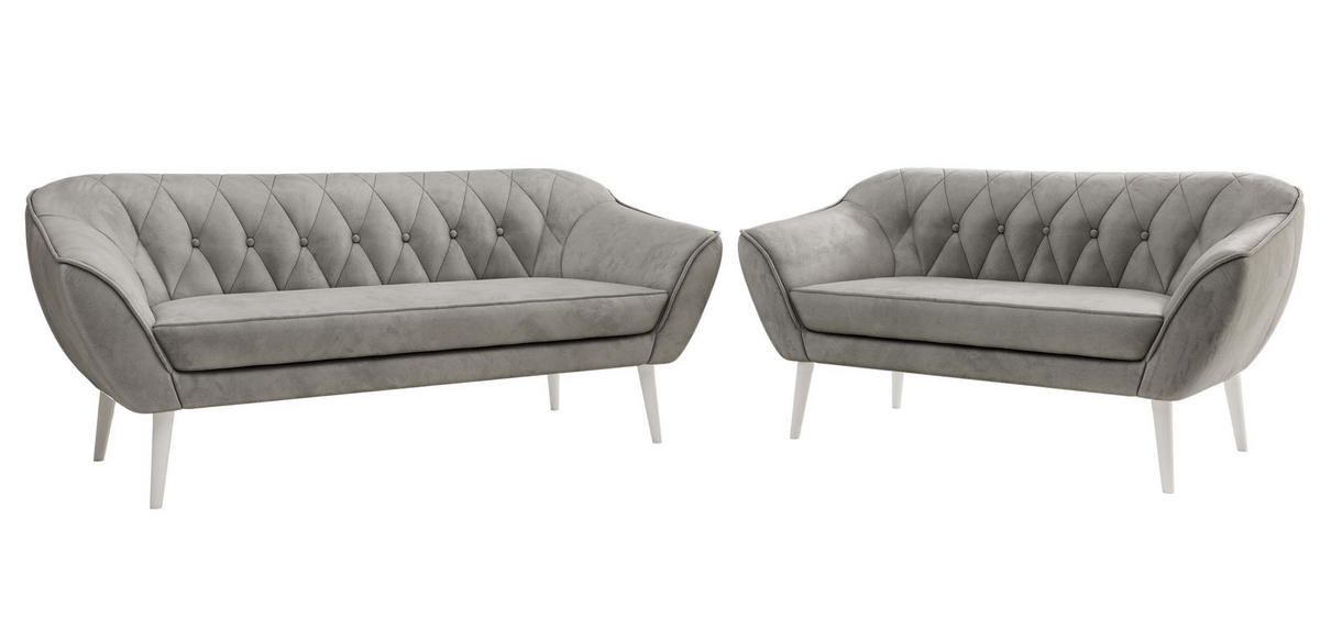 SEDACÍ SOUPRAVA 3+2 PIRS - Světle šedá Samet - Bílé nohy - bílá/světle šedá, kompozitní dřevo/textil (180/75/74cm) - MKS