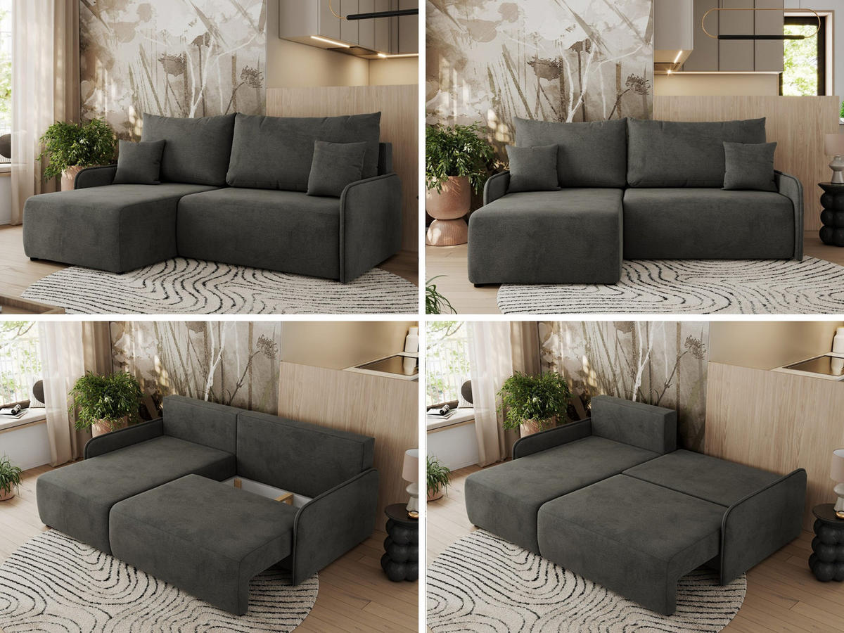 ECKSCHLAFSOFA ARPA L Dunkelgrau Velvet - links - Dunkelgrau/Schwarz, Kunststoff/Textil (198/150cm) - MKS