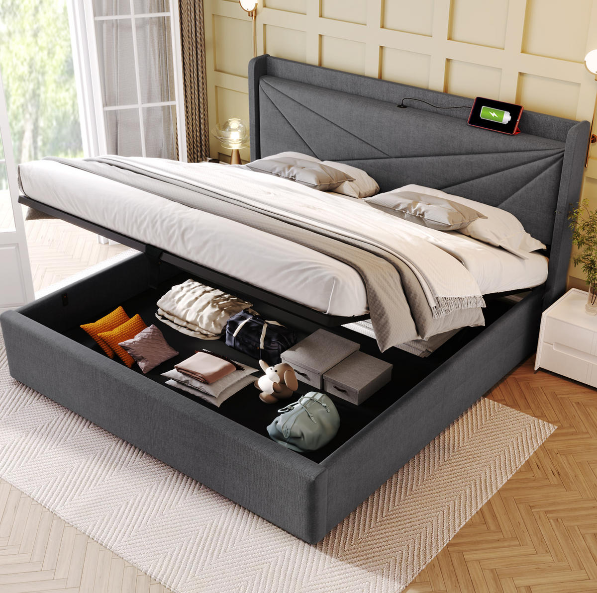 POLSTERBETT 160/200 cm grau mit Stauraum und USB Typ-C Ladefunktion - Grau, Textil (160/200cm) - OKWISH