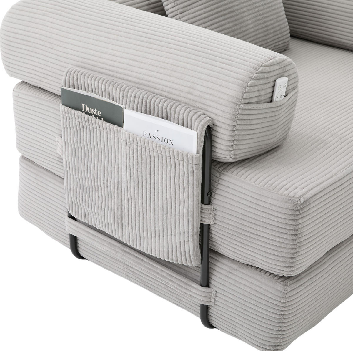 ECKSOFA aus Cord 200x94x67 cm Hellgrau mit Hocker, Metallrahmen und Seitentasche - Hellgrau, Textil (200/190cm) - Modfu