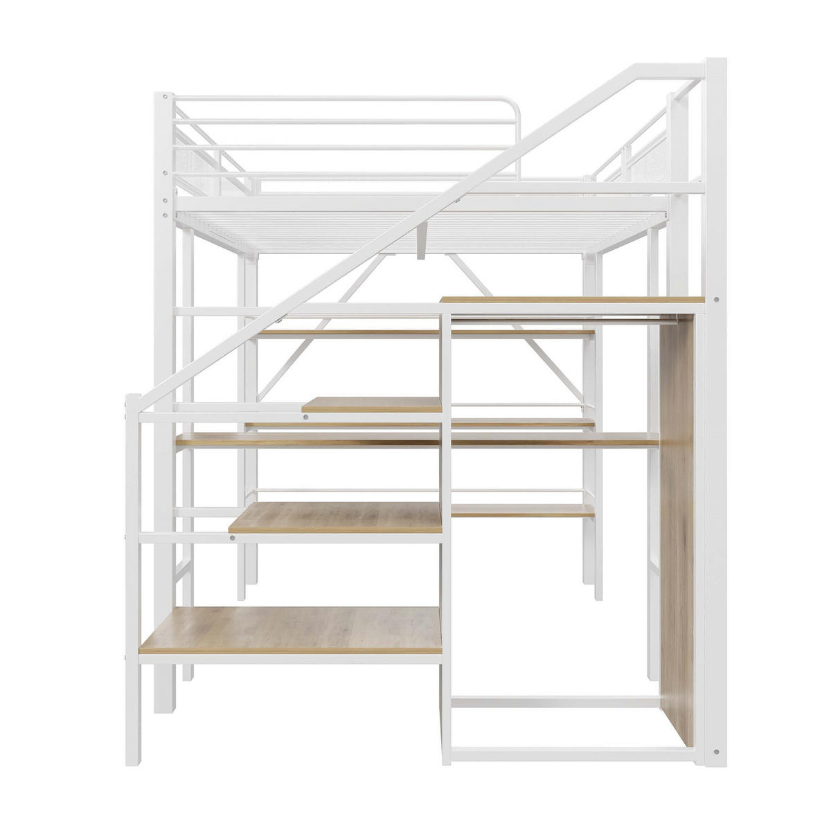 HOCHBETT 140/200 cm in Weiß mit Schreibtisch, Regal, Kleiderschrank und Treppe - Weiß, Metall (140/200cm) - Flora Grace