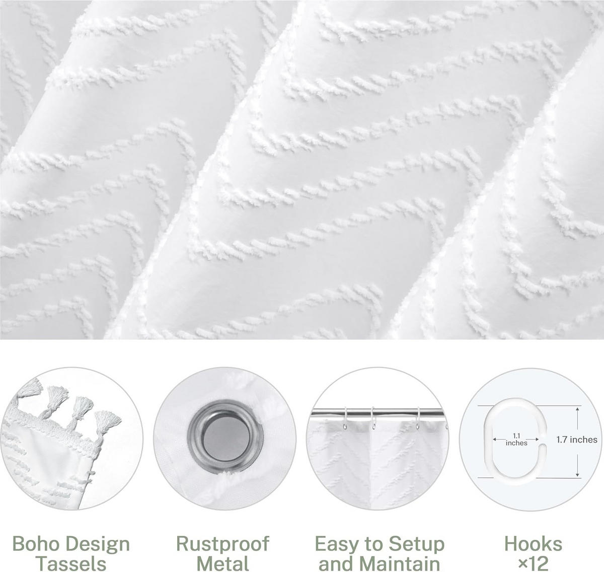 DUSCHVORHANG Weiß Boho klein Fischgrätmuster Farmhouse minimalistisch fürs Badezimmer - Weiß, Textil (90/180cm) - MCBOSON