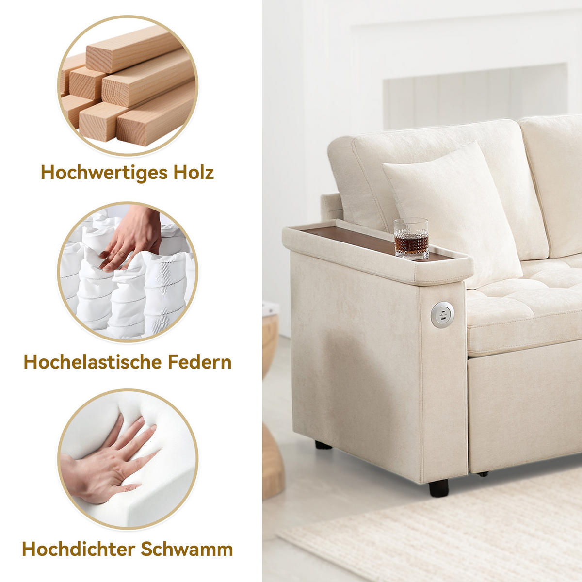ECKSOFA rechts mit Schlaffunktion, Chenille & Stauraum, 209/130/84 cm, Beige - Beige, Textil (130/209cm) - Redom