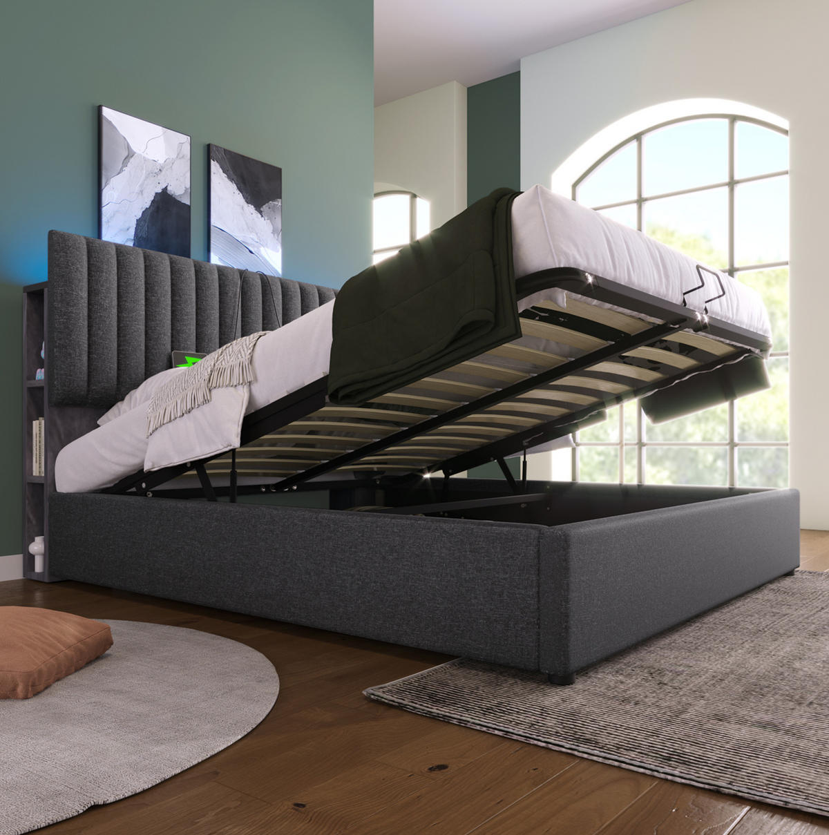 POLSTERBETT mit Stauraum, LED und USB 140x200 cm Leinen Grau inkl. Matratze - Grau, Metall (140/200cm) - Meubliv