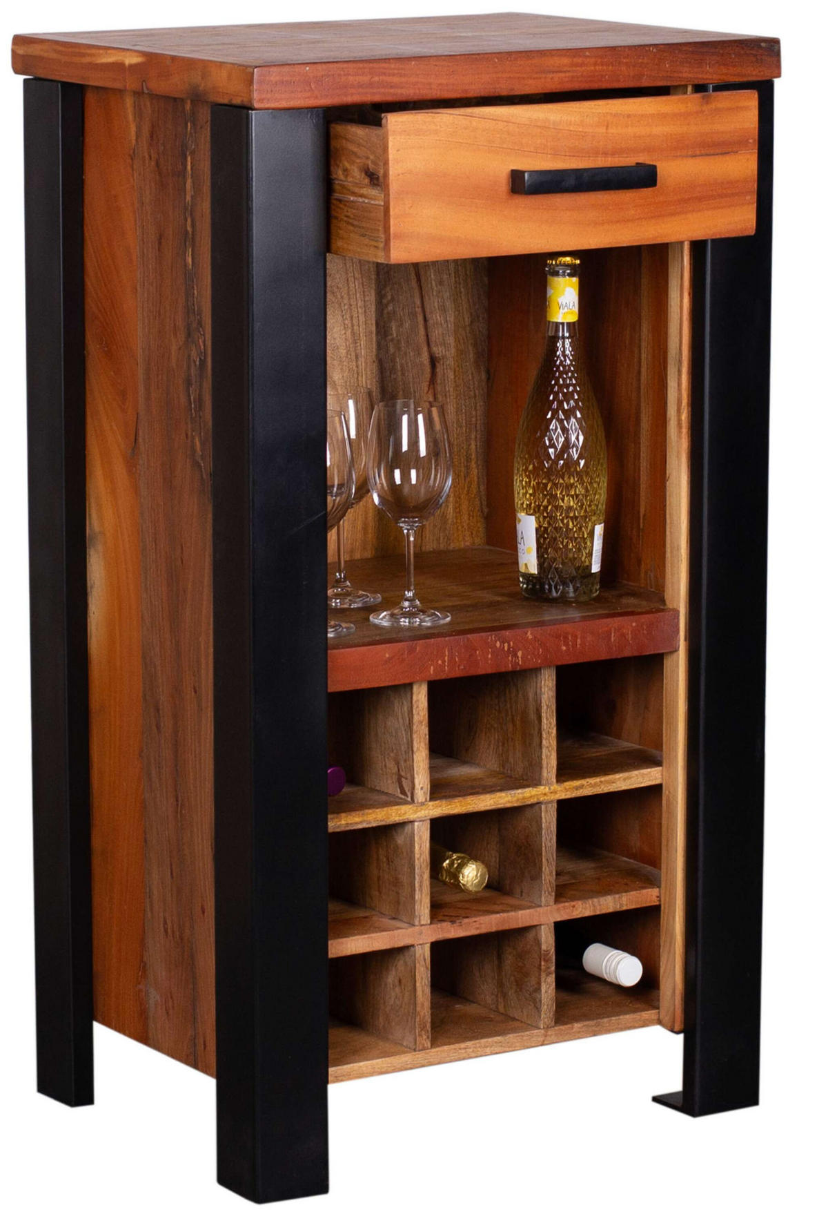 WEINSCHRANK Venosa Oldwood 56 x 45 x 102 cm - Schwarz/Braun, Holz/Metall (56/90/45cm) - Mr. Deko