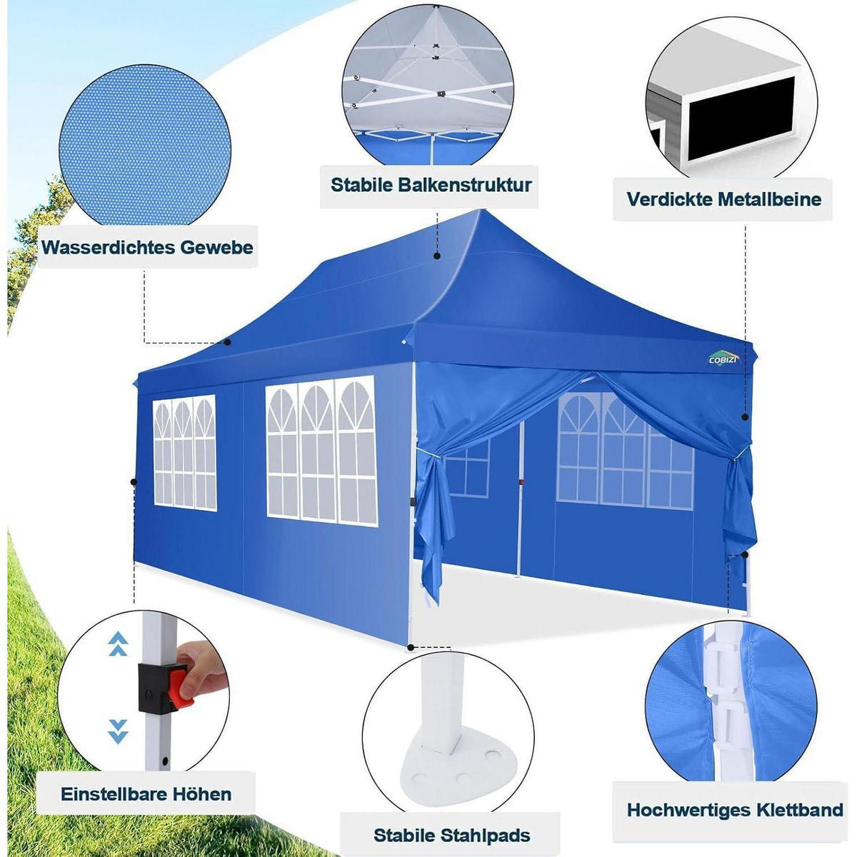 FALTPAVILLON 3 x 6 m Blau Wasserdicht UV-Schutz - Blau, Textil (300/300/600cm)