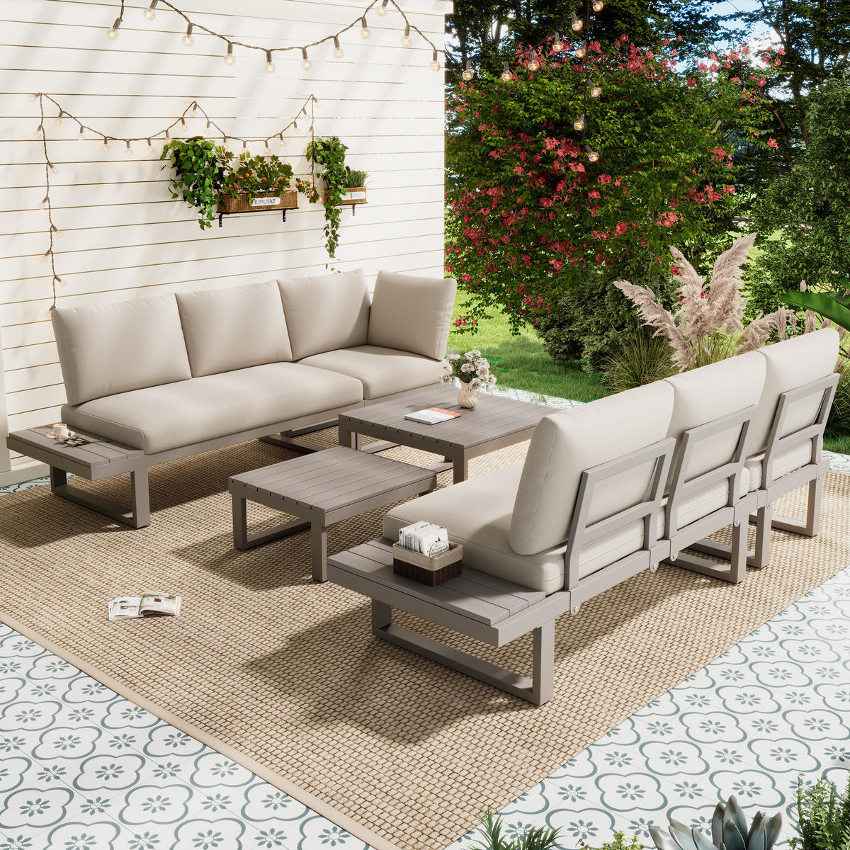 GARTENMÖBEL-SET Ecksofa Verstellbar 2 Couchtische Stahl Beige Khaki - Beige, Textil - FLIEKS