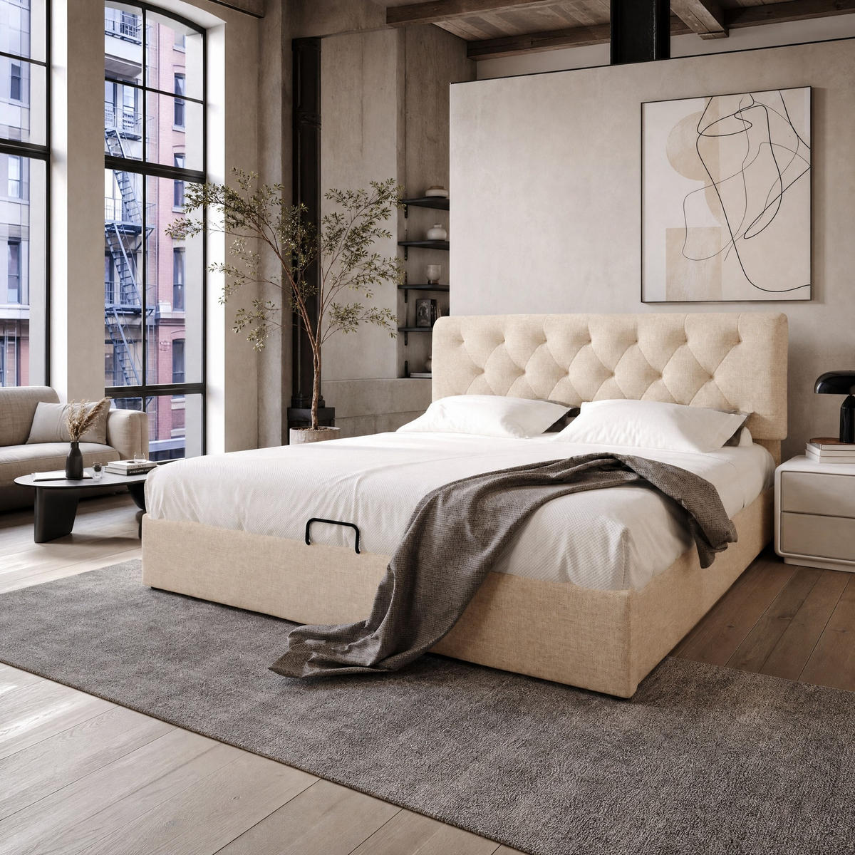 POLSTERBETT 160/200 mit Matratze, Bettkasten, hydraulischem Lattenrost und verstellbarem Kopfteil in Natur - Beige, Holzwerkstoff/Textil (160/200cm) - EVRYAE
