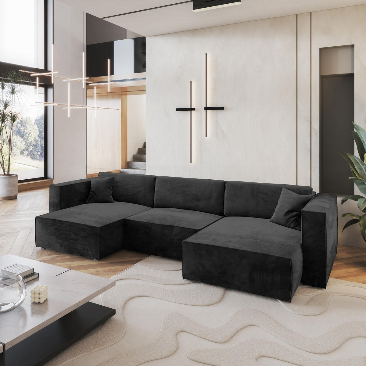 WOHNLANDSCHAFT SARMO M Schwarz Velours-Stoff mit Schlaffunktion - Schwarz, Holz (347/70/148cm) - MASSENO