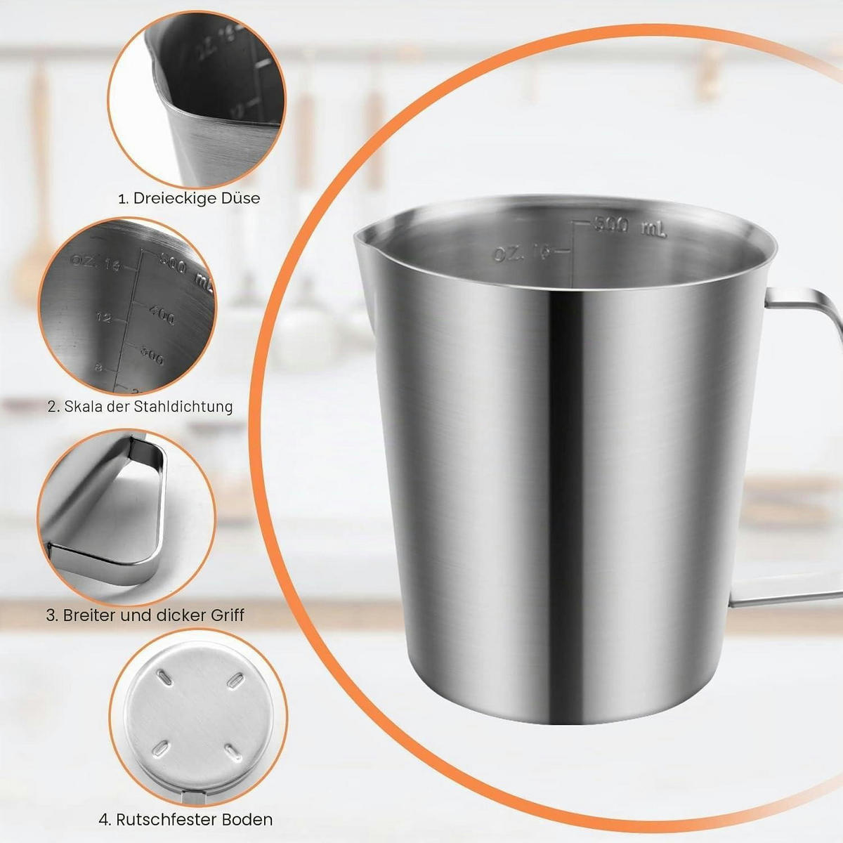 MESSBECHER Edelstahl 500 ml mit Ausgießer - Silberfarben, Metall (0.5L)
