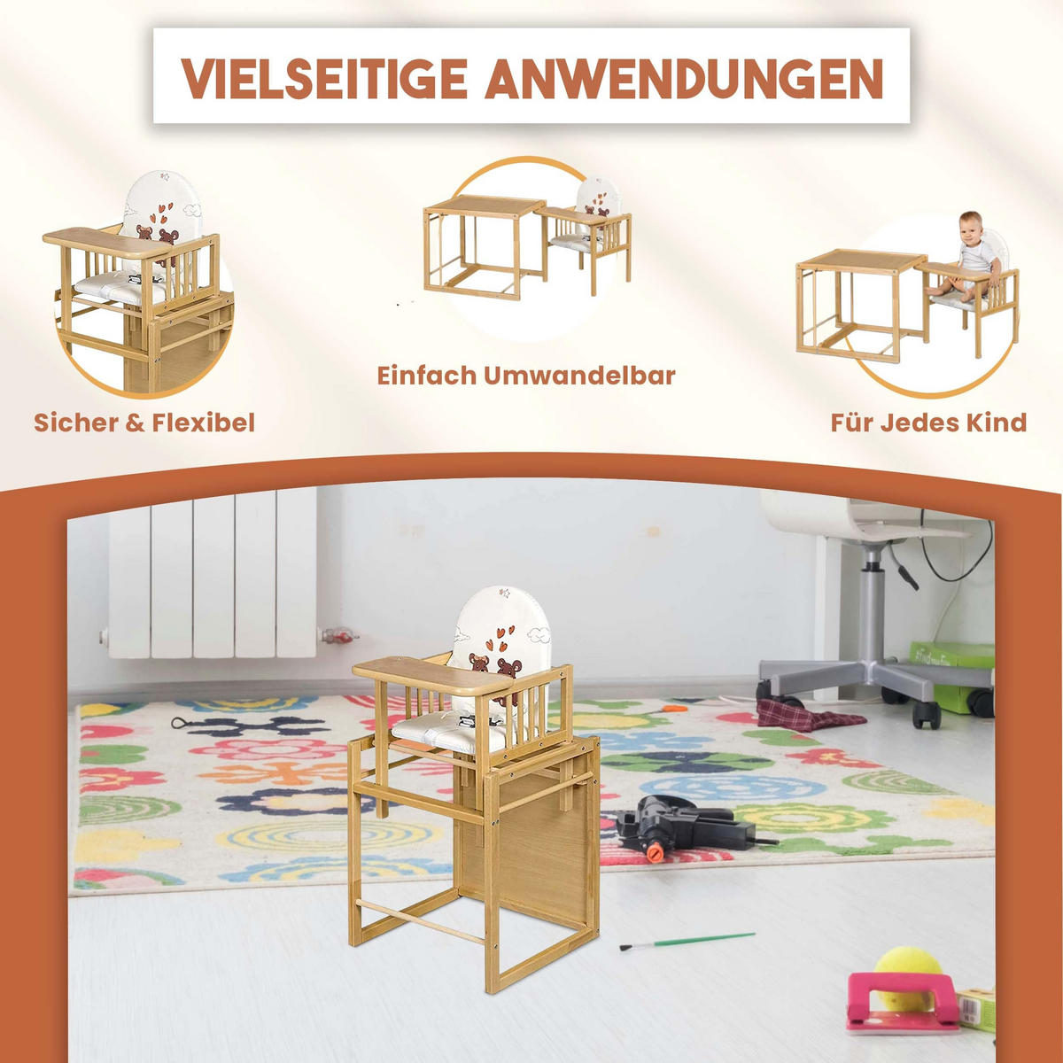 HOLZHOCHSTUHL für Kinder, Zum Tisch Und Stuhl Umbaubar, Ideal Als Esszimmerstuhl, Tragbar, Stabil Und Einfach Zusammenzubauen - Weiß, Textil (79/48/46cm) - Best for Kids