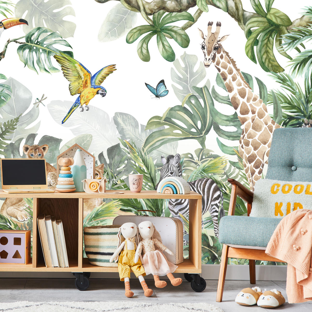 FOTOTAPETE für Kinderzimmer Tropen Dschungel Tiere Palmen Monstera 350x256 - Beige/Orange, Papier (350/256cm) - Muralo