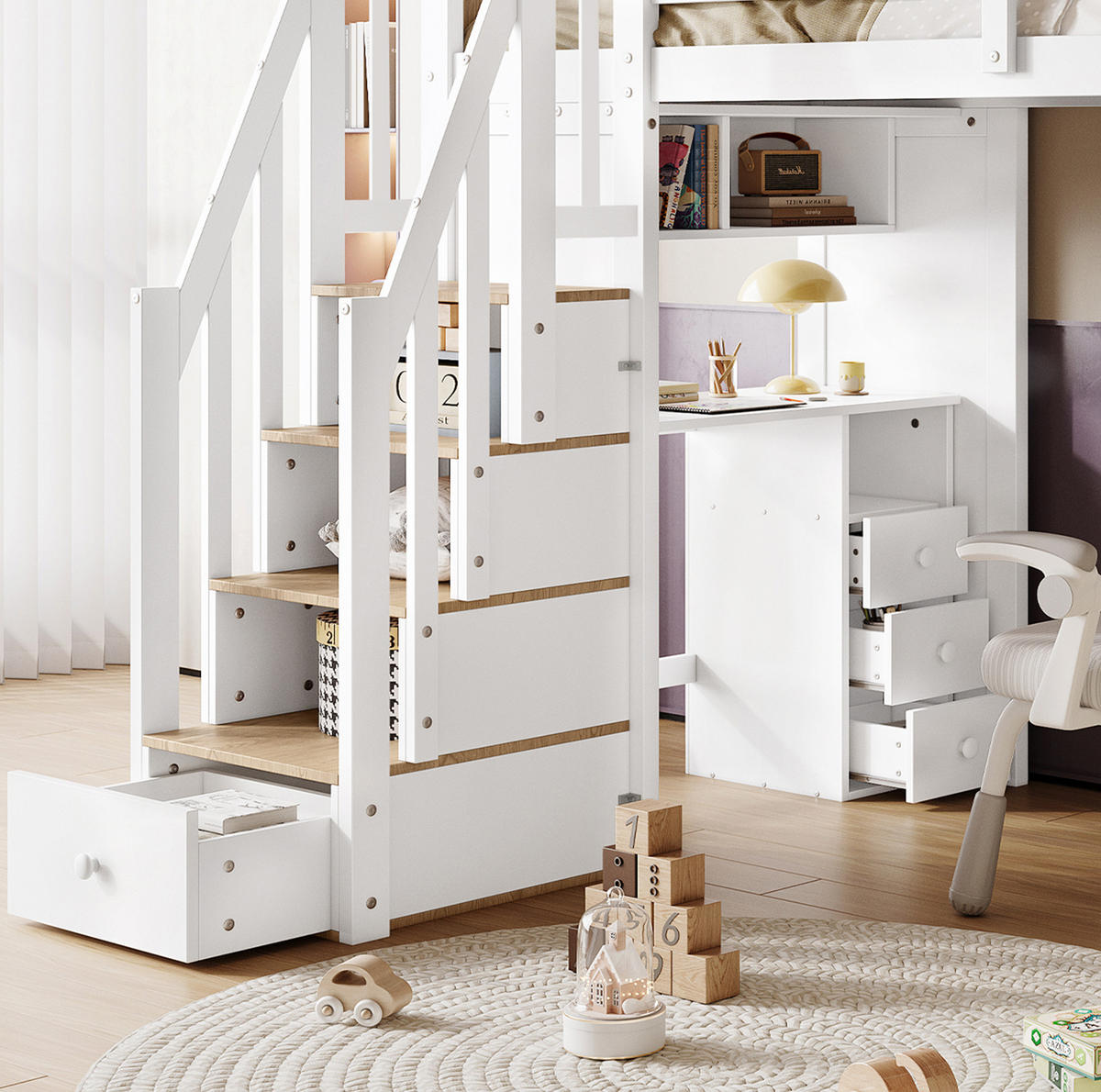 PATROVÁ postel 90/200 cm bílá+přírodní s psacím stolem a úložným prostorem na schodech - bílá, kompozitní dřevo (90/200cm) - OKWISH