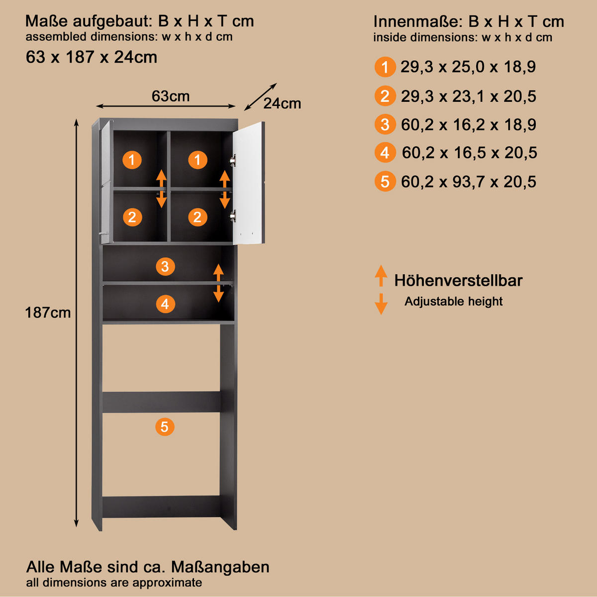 WASCHMASCHINENSCHRANK grau Hochglanz 63 x 187 cm, Waschmaschinenüberbau mit Stauraum - Grau, Holzwerkstoff/Kunststoff (63/187/24cm) - Top.Furn