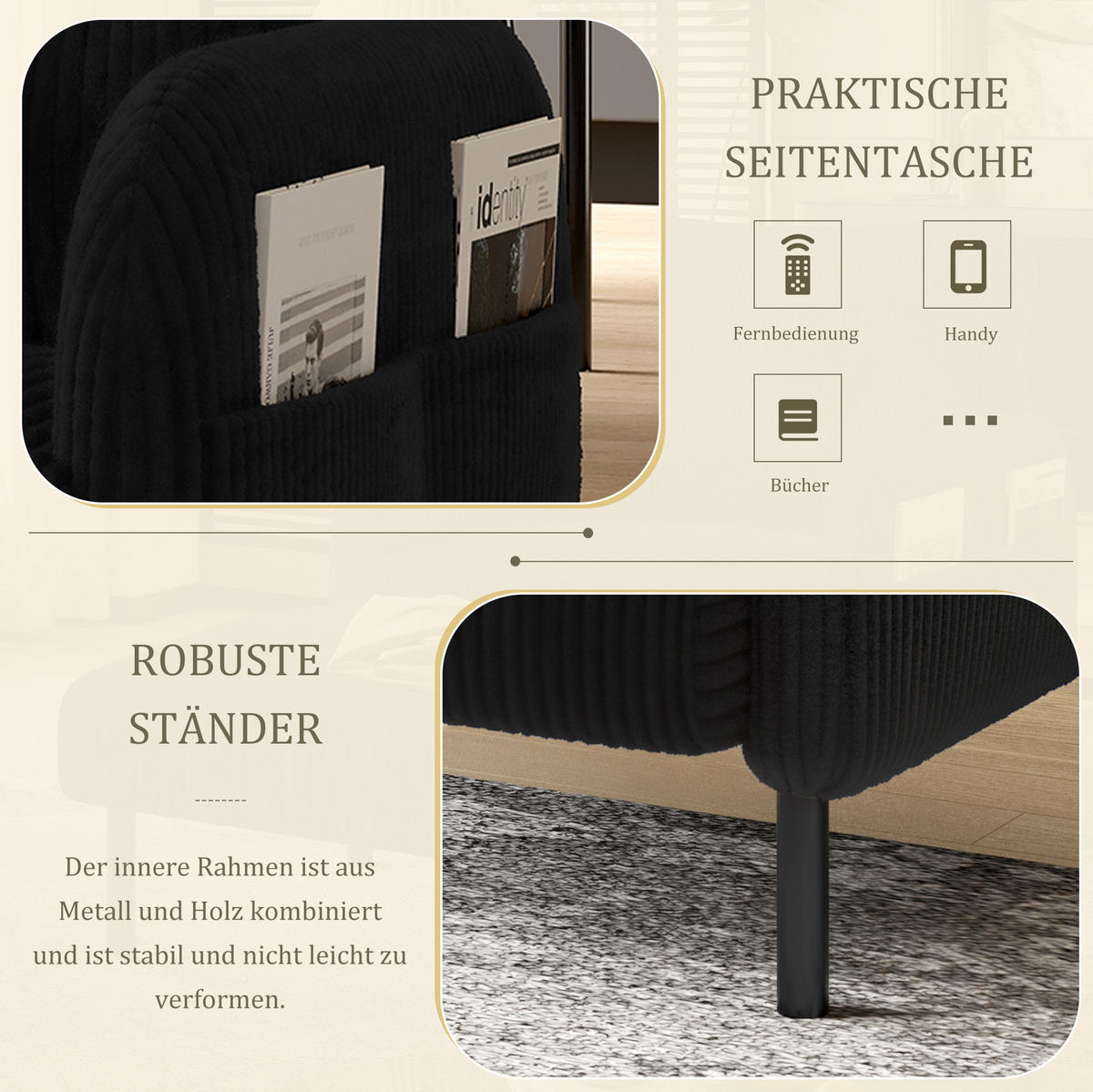 SESSEL 67/75/79 cm in Schwarz aus Cord mit Seitentasche - Schwarz, Textil (67/79/75cm) - BEAOK