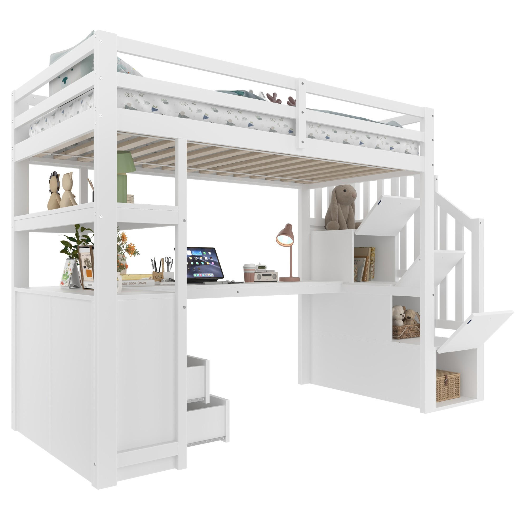 HOCHBETT aus Kiefer und MDF 90x200 cm Weiß mit Schreibtisch, Stauraumleiter, 2 Schubladen und Regalfächern - Weiß, Holzwerkstoff (90/200cm) - Modfu
