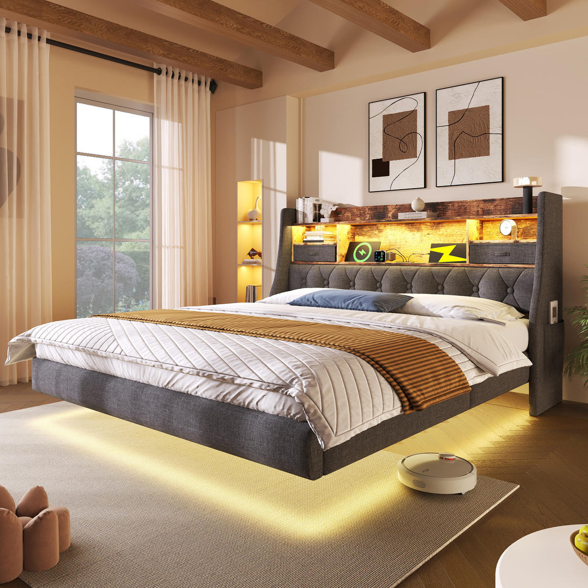 POLSTERBETT 180/200 cm mit LED-Beleuchtung, USB und Type-C, Stauraum-Kopfteil aus Leinen, Grau - Grau, Textil (180/200cm) - Redom