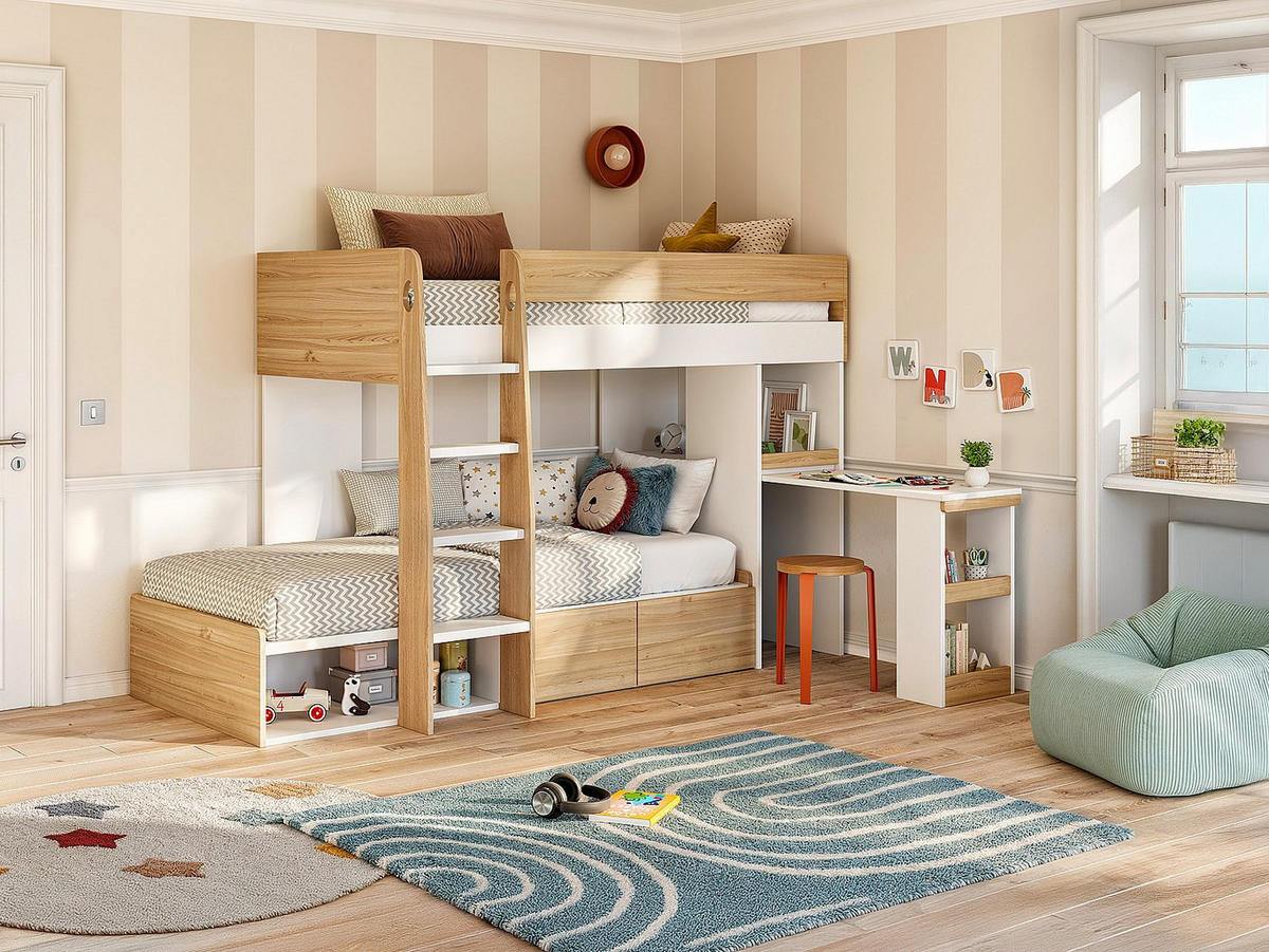 ETAGENBETT mit Schreibtisch & Stauraum - 2 x 90 x 190 cm - Holzfarben & Weiß - LOMIDEN - Naturfarben, Holz (184.3/196.3cm) - Vente-Unique