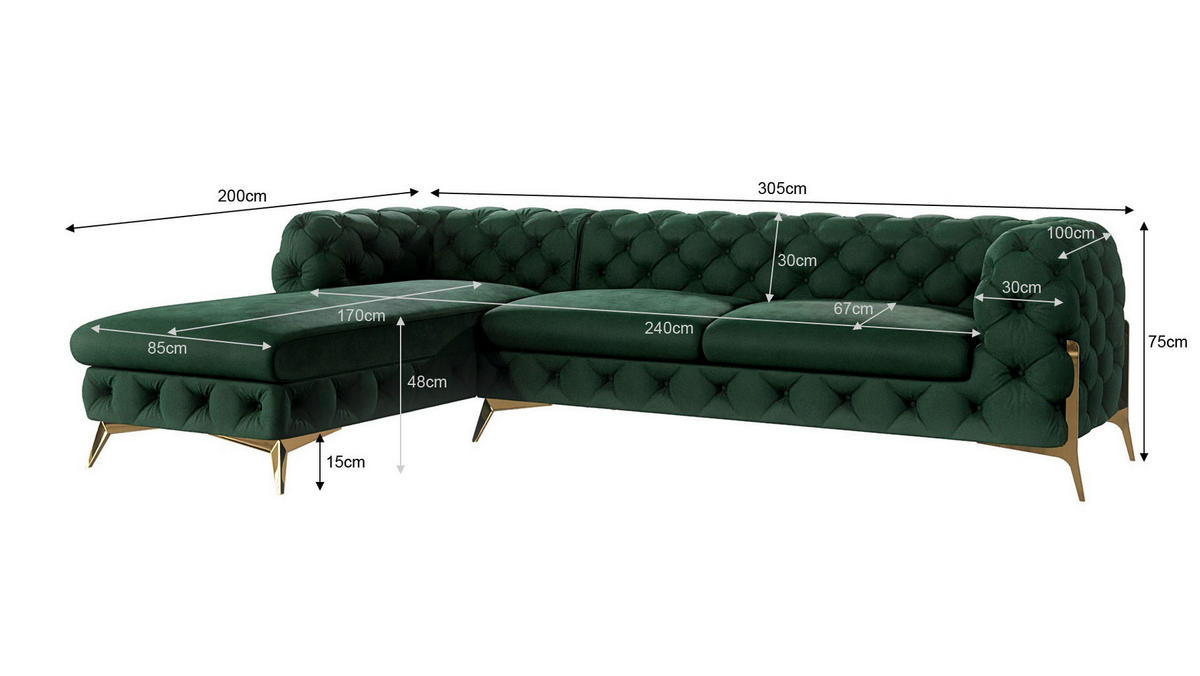 ECKSOFA Chesterfield Lexi Flasche Grün Samt, Ottomane links - Smaragdgrün/Goldfarben, Holz/Textil (305/200cm) - S-Style Möbel