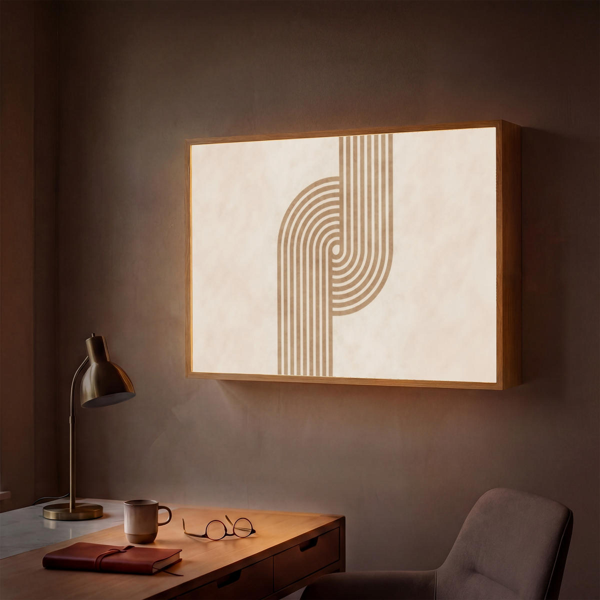 NÁSTĚNNÁ LAMPA S AKUMULÁTOREM Symetrický ohyb - měděná barva 90x60 cm - béžová, kompozitní dřevo (90/60/8cm) - OnlyWow