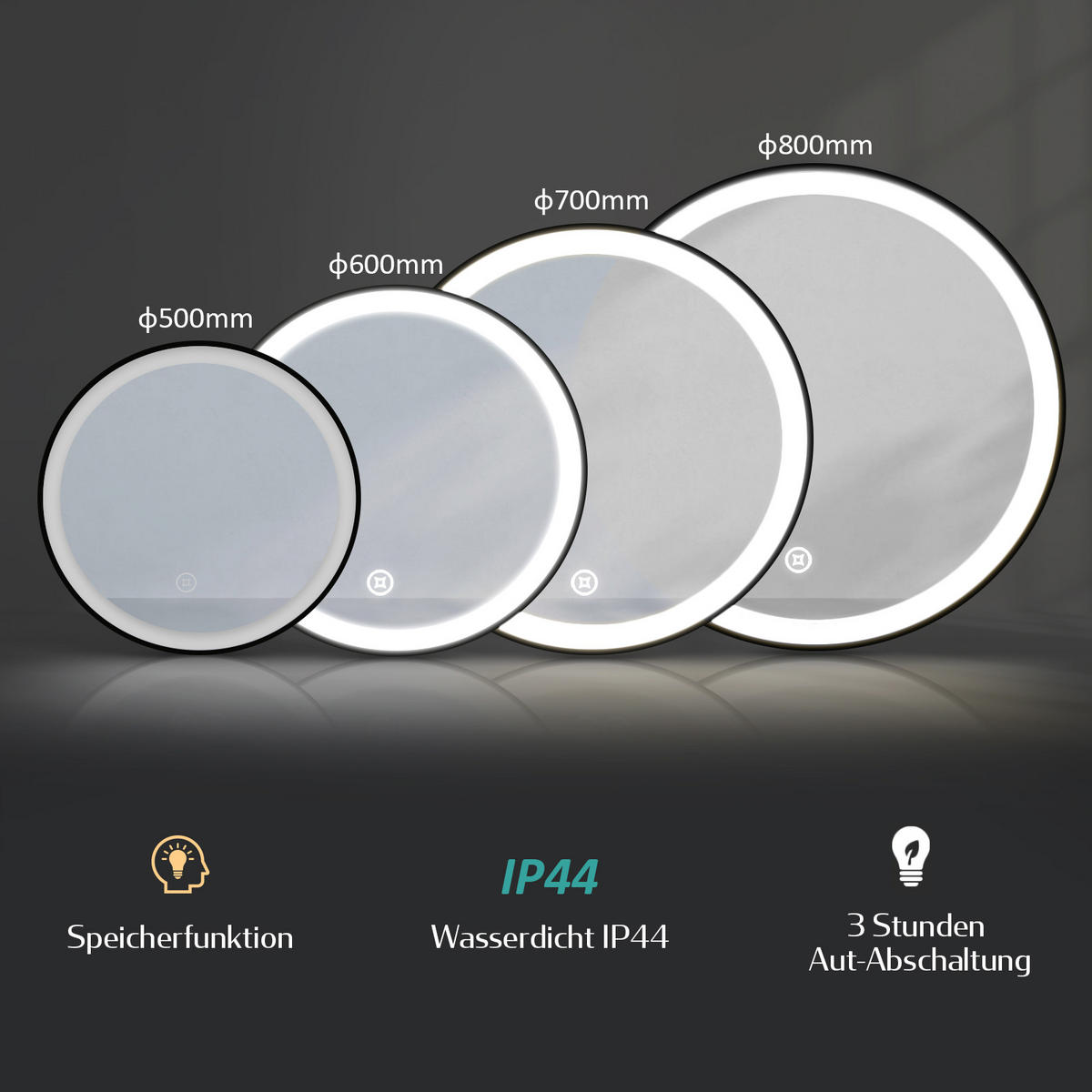 BADSPIEGEL Rund mit Beleuchtung mit Hängeriemen Schwarz ф60 cm - Schwarz, Glas (60/3/60cm) - EMKE