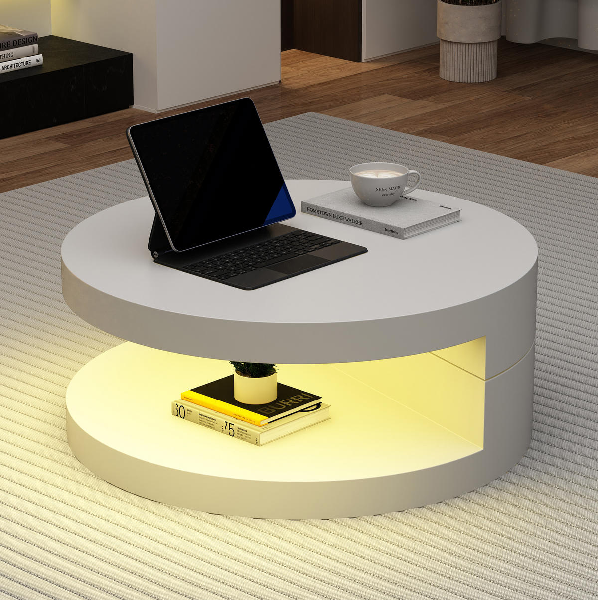 COUCHTISCH 70/70/35,5 cm mit 360° drehbarer Tischplatte, LED-Beleuchtung und 2 Ebenen aus MDF, Weiß - Weiß, Holzwerkstoff (70/70/35.5cm) - Redom