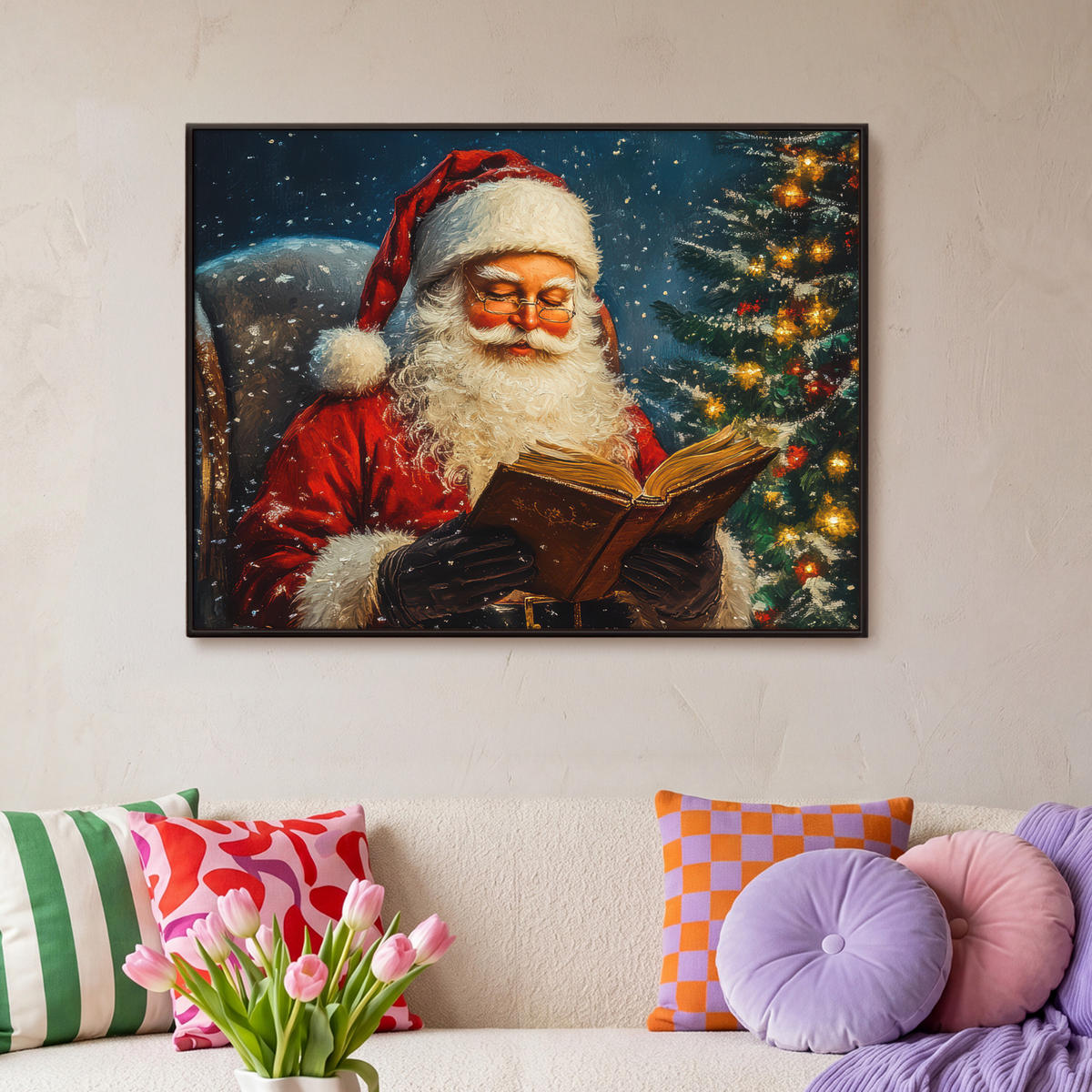 LEINWAND Bilder mit Rahmen - Weihnachtsmann - Weihnachten - Winter - Weihnachtsbaum - 100x70 - Bordeaux, Textil (100/70cm) - MuchoWow