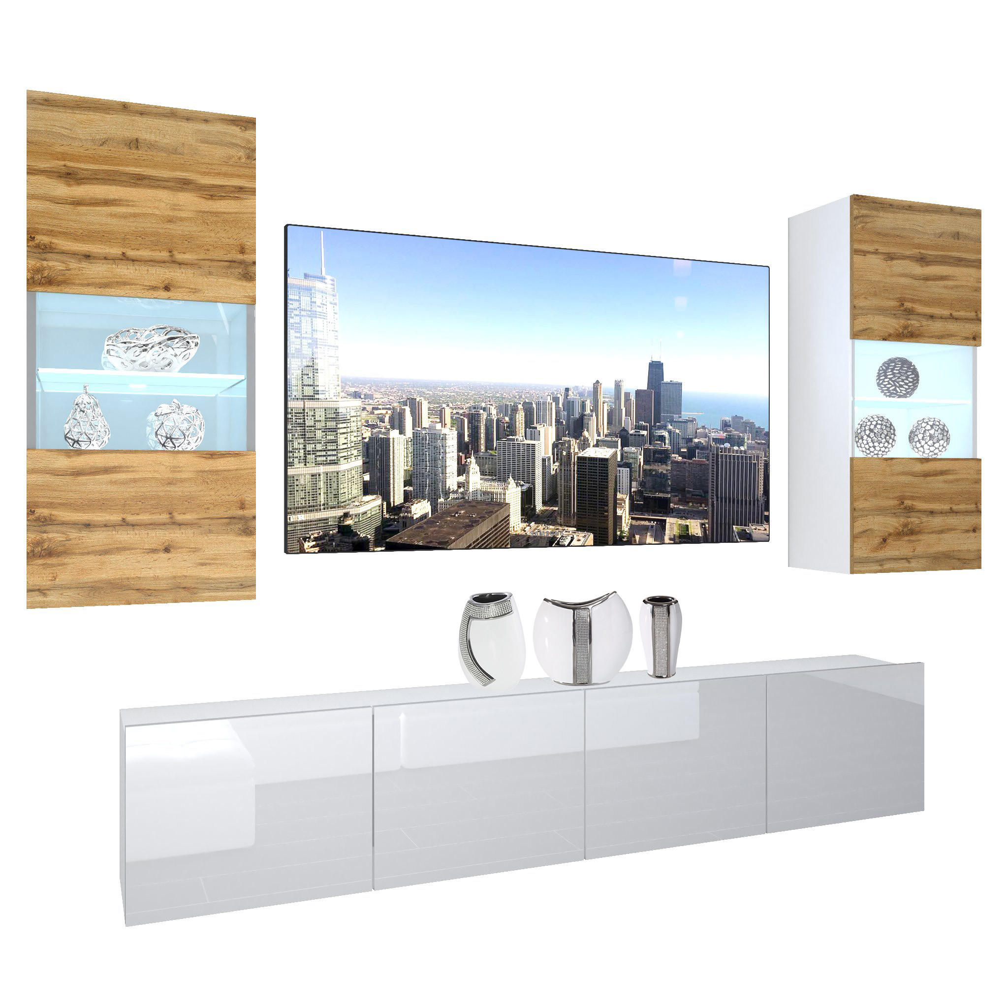 WOHNZIMMERWAND Schrankwand mit LED Eiche Wotan / Weiß - Braun/Weiß, Holz (200/180/36cm) - B BELINI GROUP