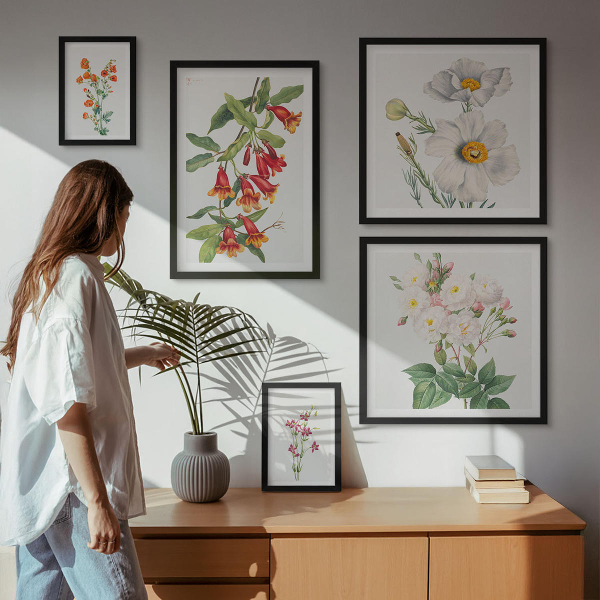WANDBILDER 5er-Set - 50x50 cm & 20x30 cm & 40x60 cm Schwarzer Rahmen - Blumenmalerei im Retro-Stil - Schwarz, Kunststoff (40/60cm) - ArtPrintCave