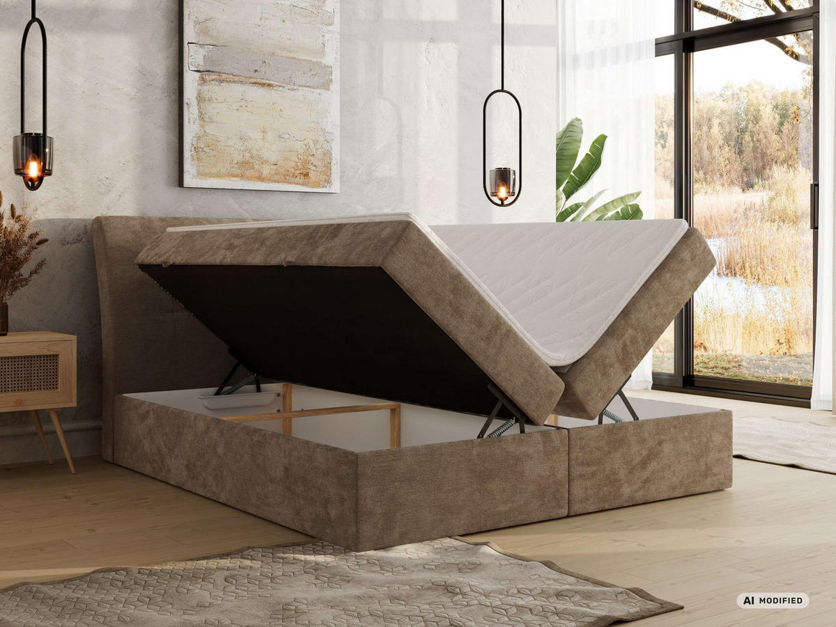 BOXBETT DAGOS 140/200 - Hellbraun Schenille glatt - Topper Visco - H4 - Braun, Textil (140/200cm) - MKS