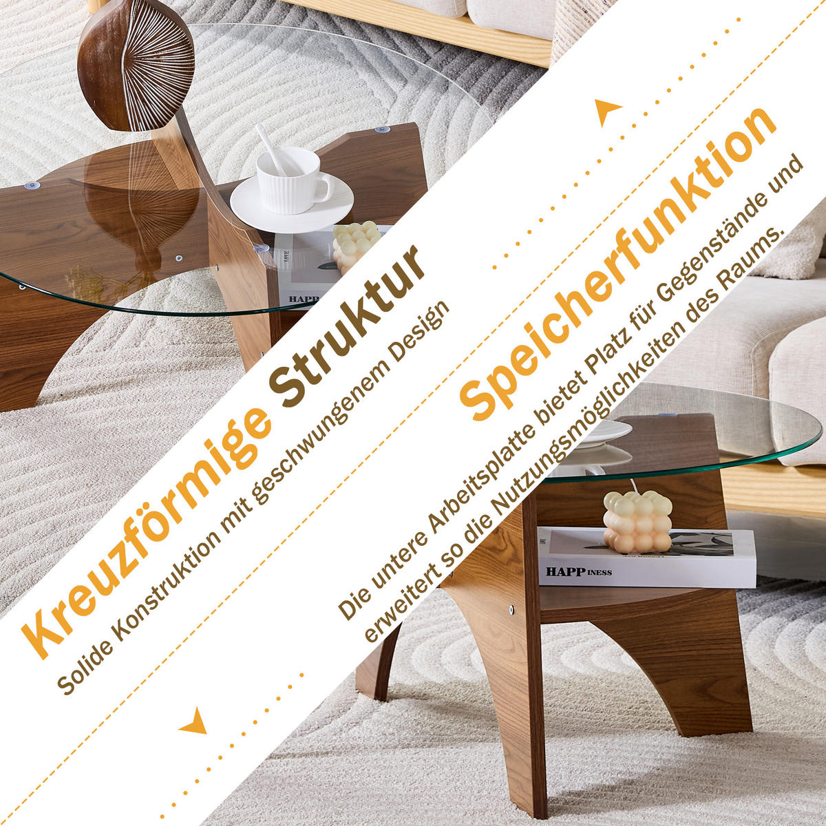 COUCHTISCH DE-140 Sicherheitsglas Schwarz - Walnussfarben, Holzwerkstoff (80/80/36cm) - ComfortXL