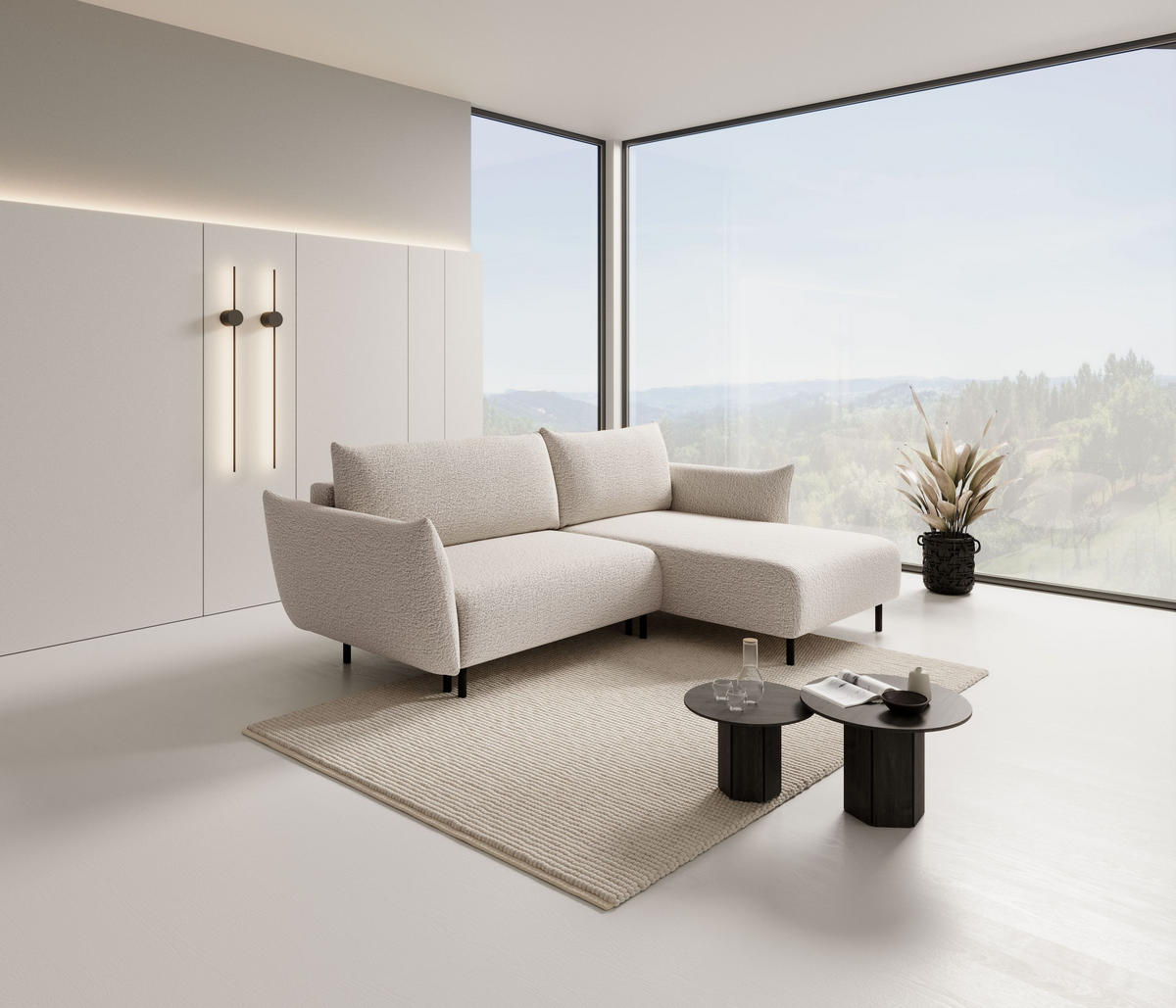 ECKSOFA UNO Beige Plüsch-Stoff mit Schlaffunktion - Creme, Holz (257/171cm) - MASSENO