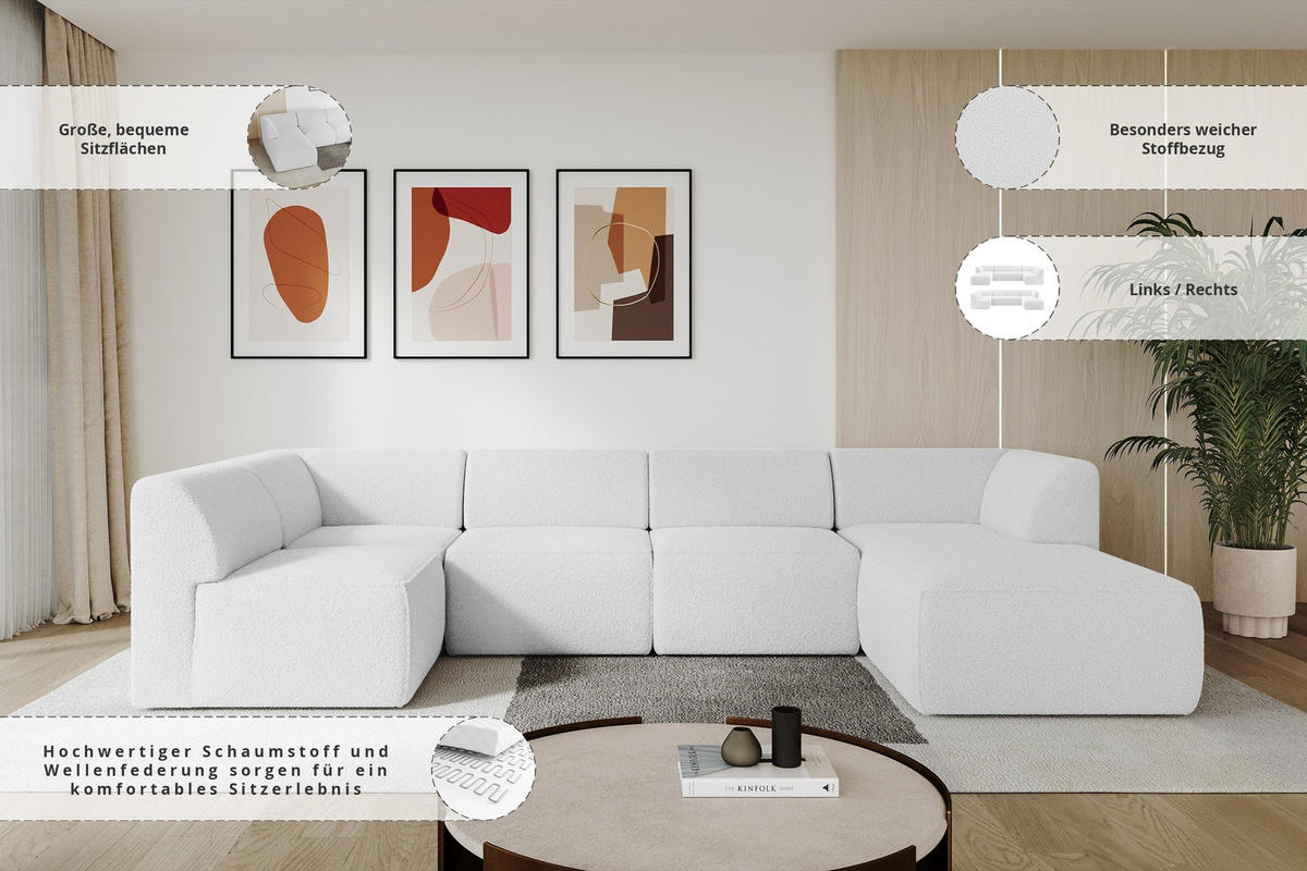 WOHNLANDSCHAFT Ottomane Rechts MOVO-L 345x180x78 cm Weiß Bouclé - Schwarz/Weiß, Holzwerkstoff/Kunststoff (345/78/180cm) - ALTDECOR