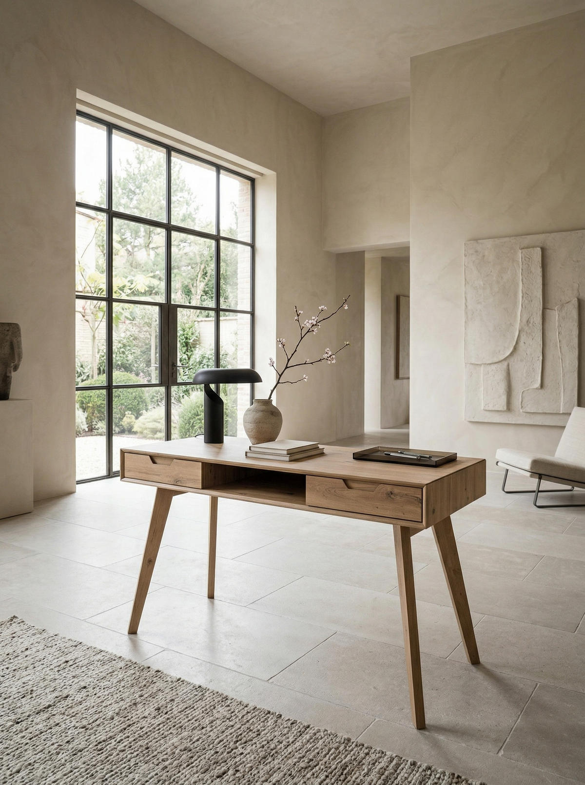 SCHREIBTISCH – 120x55x77 cm, Skandinavischer Stil, 2 Schubladen, Eichenbeine - Beige, Eichenholz/Holz (55/120/77cm) - KADIMA DESIGN