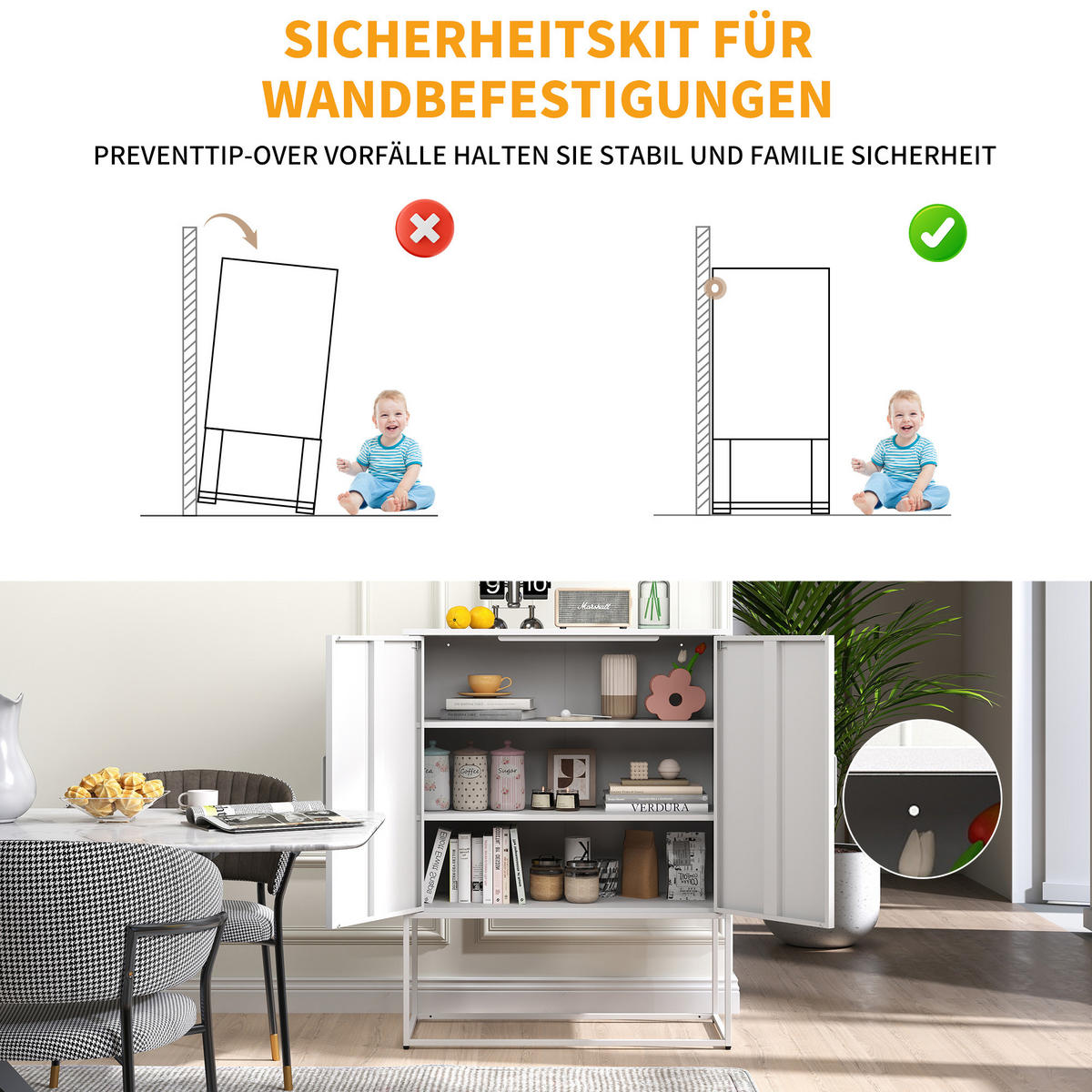 SIDEBOARD 85/40/109 cm, Metall, 2 Regale, magnetische Türen, Anti-Kipp-Sicherung, Weiß - Weiß, Metall (85/109/40cm) - Redom