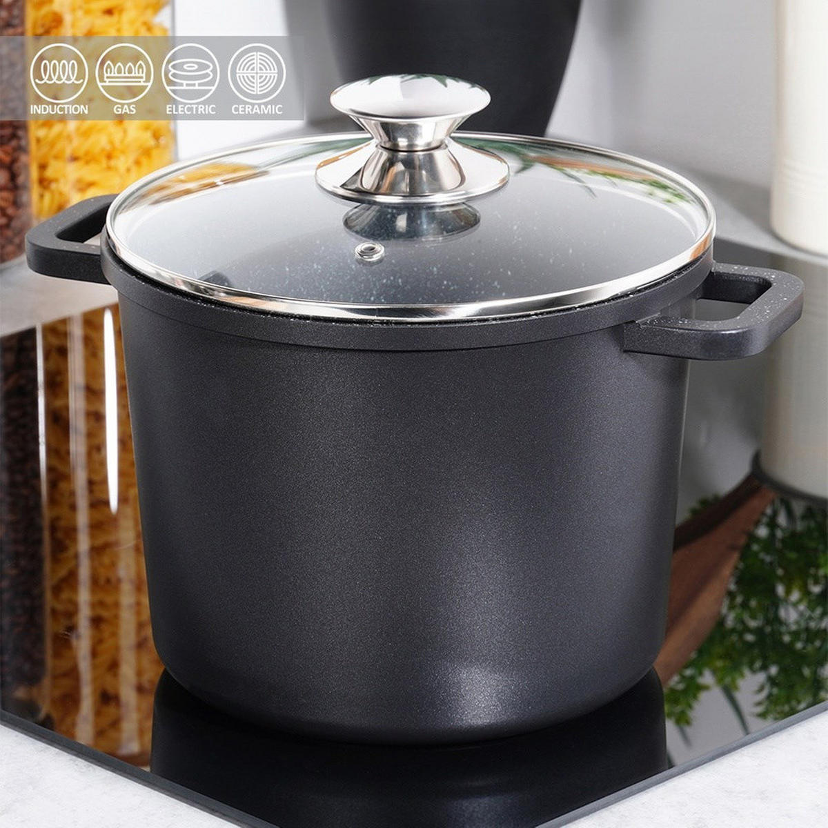 GRANITTOPF Grande hoch mit Glasdeckel schwarz - Schwarz, Metall (21cm) - Orion 