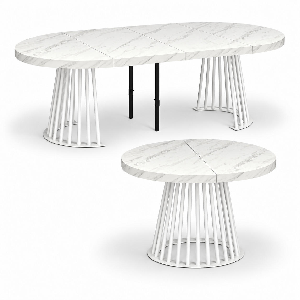 ESSTISCH rund ausziehbar 110/310/76 cm, Marmor, 54 cm Tischplatte + Lamellen-Metallgestell Weiß - Hellgrau/Weiß, Holzwerkstoff/Metall (110/310/76cm) - Damale Möbel