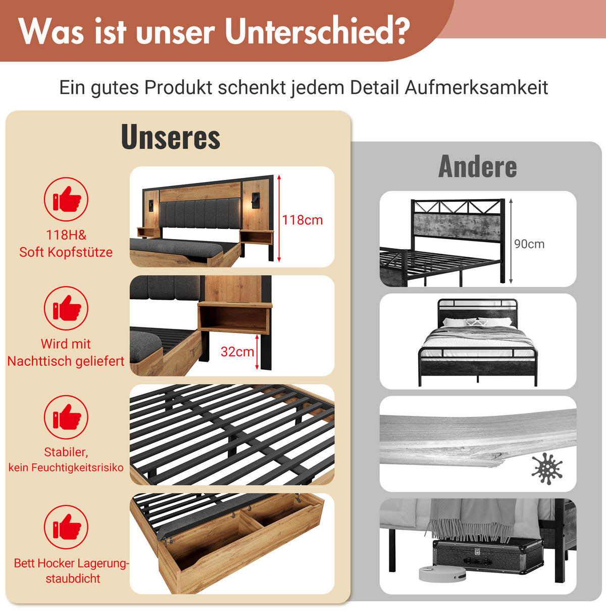 POLSTERBETT 160/200 cm mit Leselampen, USB-Type-C-Nachttischen und Bettbank mit Stauraum, Eiche - Eichefarben, Metall (160/200cm) - Redom