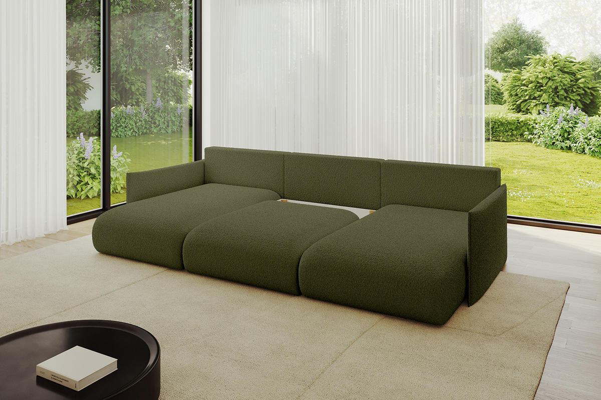 WOHNLANDSCHAFT mit Schlaffunktion und Bettkasten ONESK-U 317x177x72 Grün Bouclé - Olivgrün, Holzwerkstoff/Kunststoff (317/72/177cm) - ALTDECOR