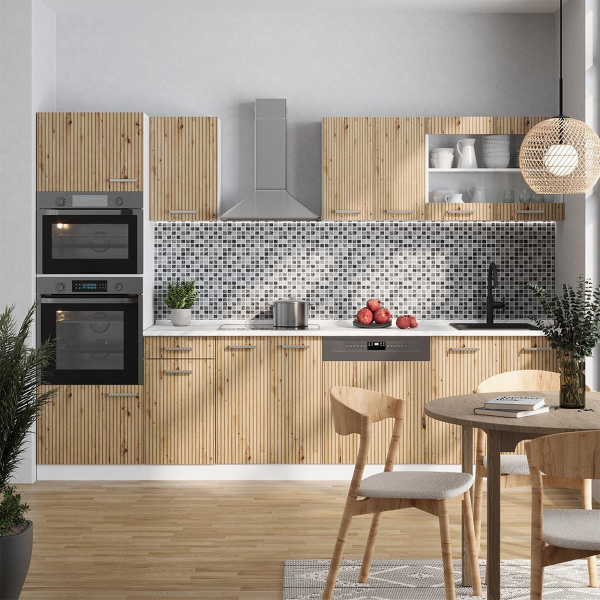 KÜCHENZEILE R-Line Artisan-Eiche 300 cm mit Hochschrank, ohne Arbeitsplatte - Eiche Artisan/Weiß, Holzwerkstoff (300/206.8/46cm) - Vicco