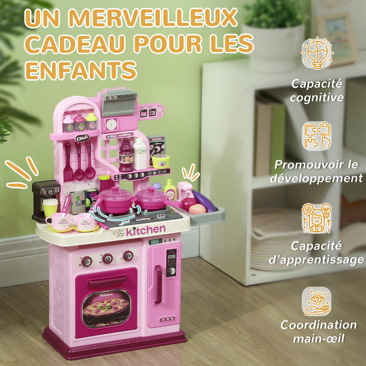 SPIELKÜCHE DE-18733 mit Licht & Sound, 33-teilig Rosa - Pink, Kunststoff (53/22/69cm) - ComfortXL