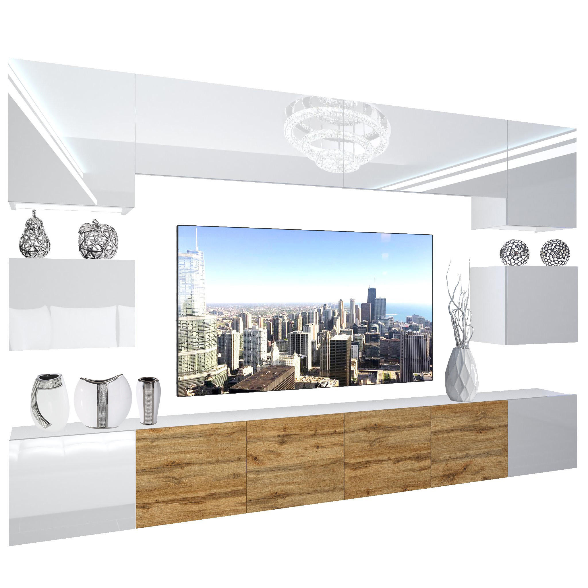 WOHNZIMMERWAND Schrankwand mit LED Weiß Top / Eiche Wotan untene seiten Weiß - Beige/Weiß, Holz (300/180/36cm) - B BELINI GROUP