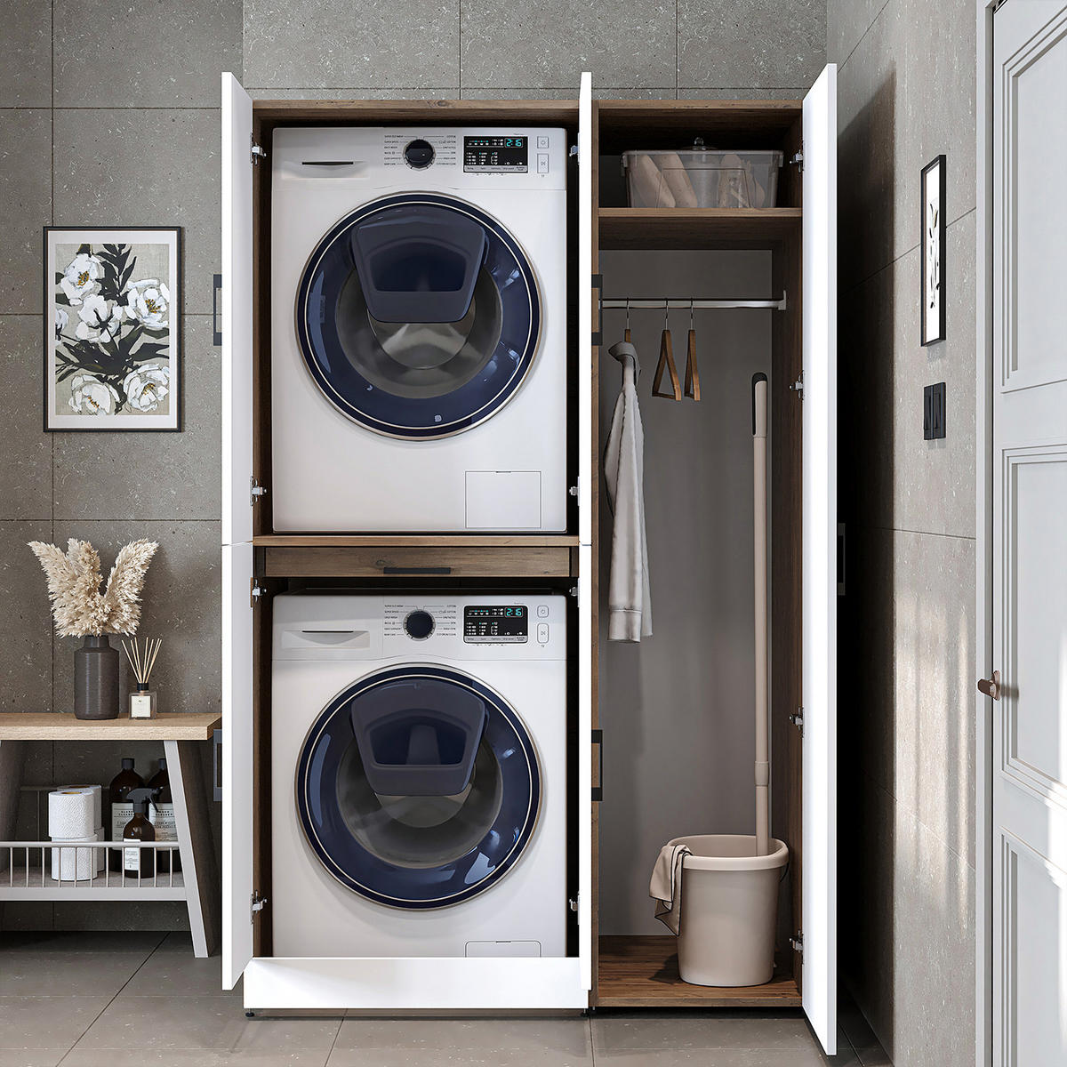WASCHMASCHINENSCHRANK DORA-I 115cm Breit, 186cm Hoch - Eiche Bianco, Holzwerkstoff (115/186/73.8cm)